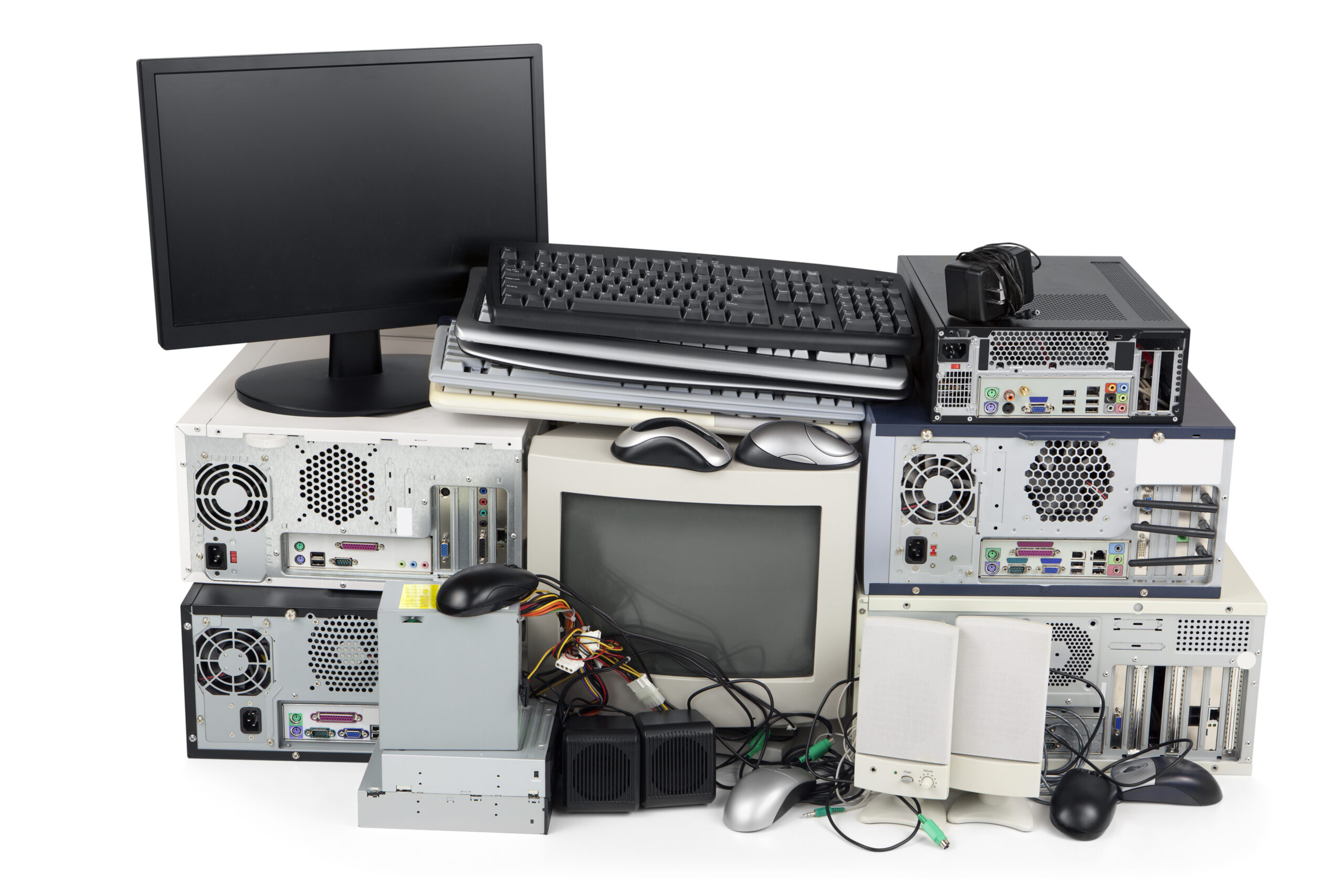 "Obsolete computer equipment for recycling, isolated on white.Please also see:" Obsolete Computer Recycling