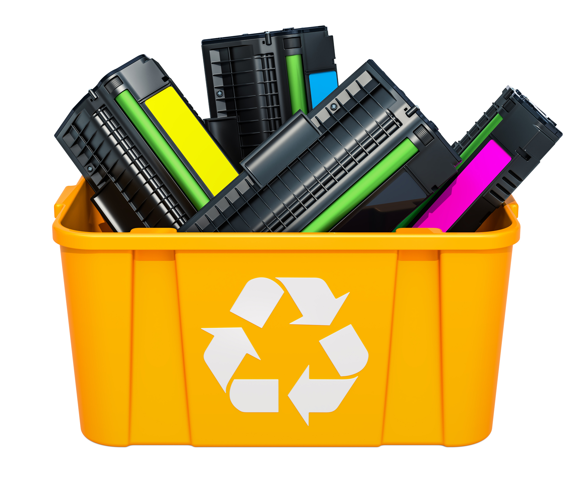 Used laser printer cartridges in recycling bin, 3D rendering isolated on white background Ink and Toner